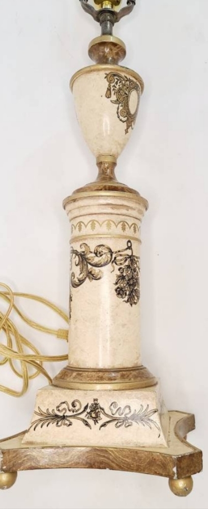 Italian Metal Tole Lamp. Ivory w/gilt & black. 1960s true vintage. 22x7.5x7.5in